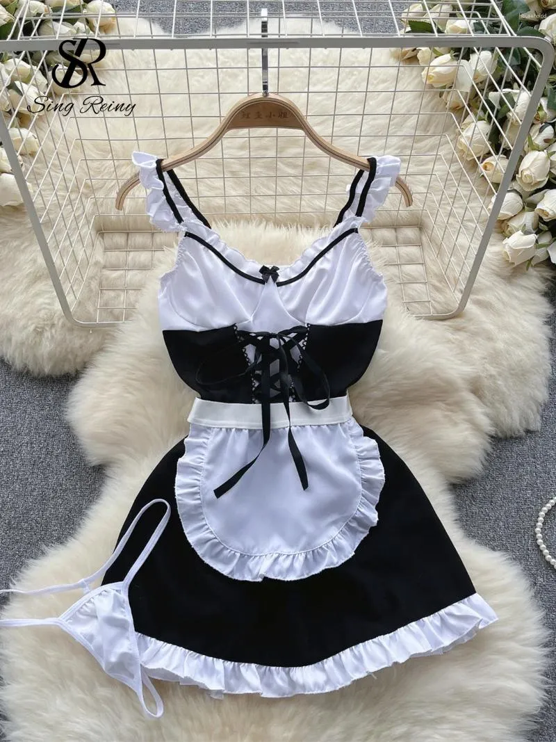 Abiti da lavoro SINGREINY 2024 Uniforme da cameriera Camicie da notte sexy Scava fuori Volant senza schienale Lace Up Bow Mini abito perizoma Cosplay Abiti porno erotici