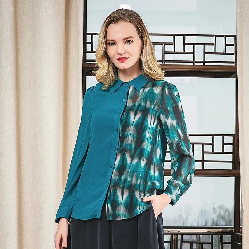 Blouses pour femmes Love Fall Revers Simple Boutonnage Bulle À Manches Longues Turquoise Et Bleu Asymétrique Blanc Brun Halo Dye Chemise En Soie De Mode