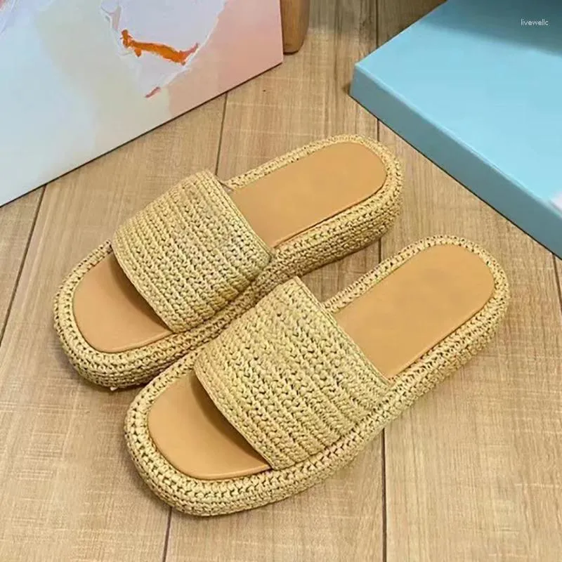 Slippers Dames Sandalen Grastouw Weven Dikke Zool Plaform Outdoor Open Teen Slides Platte strandschoenen