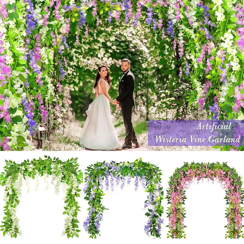 Decorative Flowers 2m/6.56ft Artificial Wisteria Hanging Garland Vines Wedding Arch Decoration Silk Leaf Fake Flower String Home