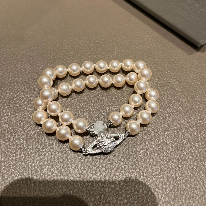 Pearnety Pearls Bracelets podwójna warstwa Bransoletka Saturn pełna diamentów w stylu retro inkrustowana diamentowa biżuteria złota