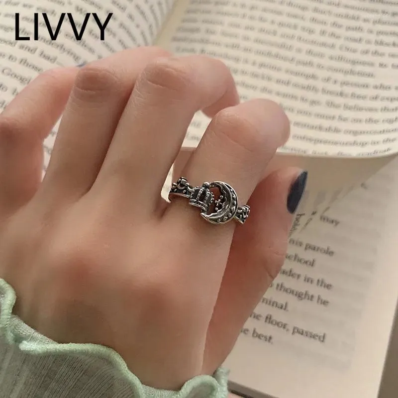 Cluster Rings LIVVY Thai Silver Color Retro Creative Unique Design Crown Moon Adjustable Ring For Women Fashion Party Jewelry Gift