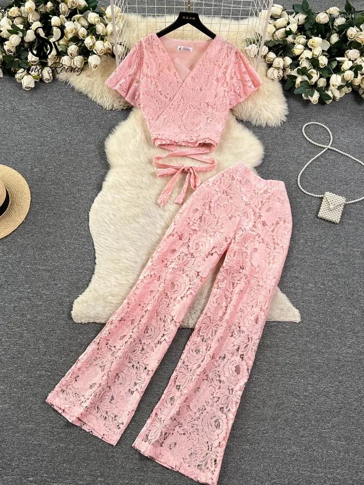 Dwuczęściowe spodnie damskie Singreiny High Street Women Lace Slim Piece garnitury Summer Up krótkie szerokie nogi długie zestaw retro zestawy kwiatowe