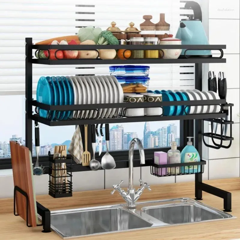 Kök förvaring 2 Tier Metal Shelf Organizer Dish Tork Rack Over Sink Drain Countertop Totensils Holder Tunga Duty