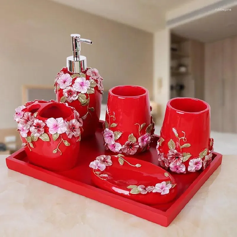 Conjunto acessório de banho estilo europeu rosas acessórios do banheiro resina loção garrafa recipiente dente caneca saboneteira ferramentas de lavagem doméstica