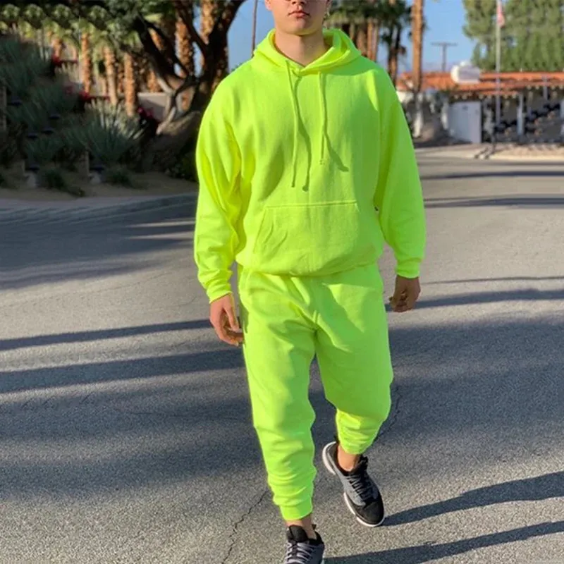 Neon Green Style Mens Fashion Tracksuit Solid 2 Pieces Long Sleeve HoodyLoose Swearpants Casual Sportsuit Men est OMSJ 240202