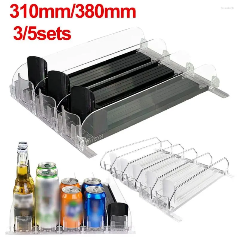 Kitchen Storage Drink Organizer Dispenser Spring Push Beverage Pusher Shelf Adjustable Width Can E-shaped Glide For Fridge