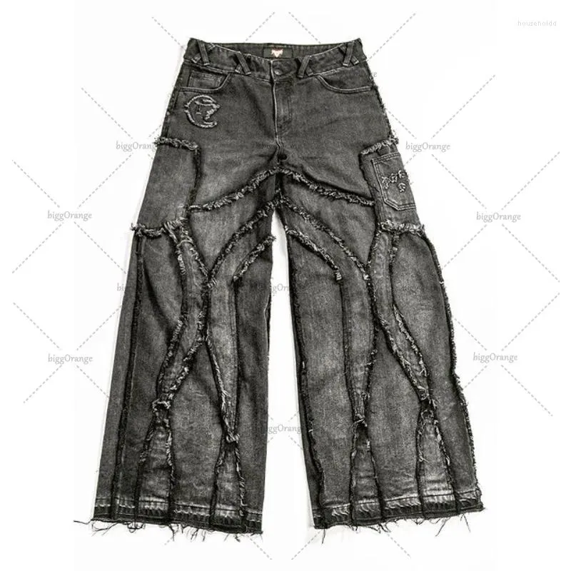 Mäns jeans fläckade kanter nödställda tvättade gotiska 2024 mode casual punk rock löst breda benbyxor streetwear