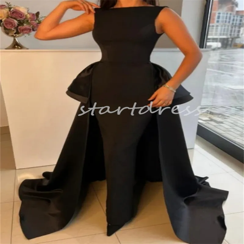 Vintage Black Overskirt Train Train Robes de soirée 2024 O Coule Sirène Prom Robe Dubaï Satin Satin Longueur Forme Robes de fête Elegant Vestio de Fiesta Anniversaire