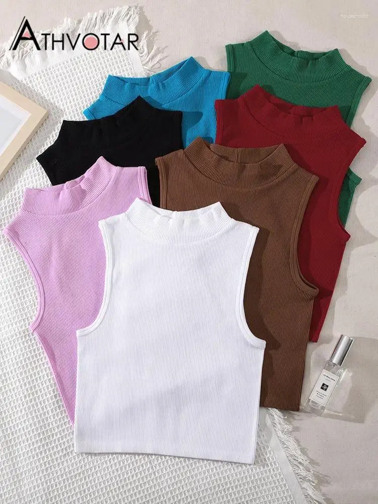 Canotte da donna ATHVOTAR Estate 7 colori Donna Crop Top a coste Maglia senza maniche Casual Streetwear Canotta bianca Dolcevita Reggiseno Senza cuciture Donna