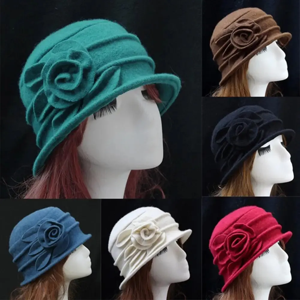 S chegada vintage mulheres lã igreja cloche flapper chapéu senhora balde inverno flor boné atacado gota 240124