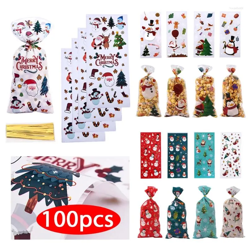 Juldekorationer OPP 25/100 PCS Candy Påsar Santa Presentväska 2024 Xmas Cookies Packing Supplies