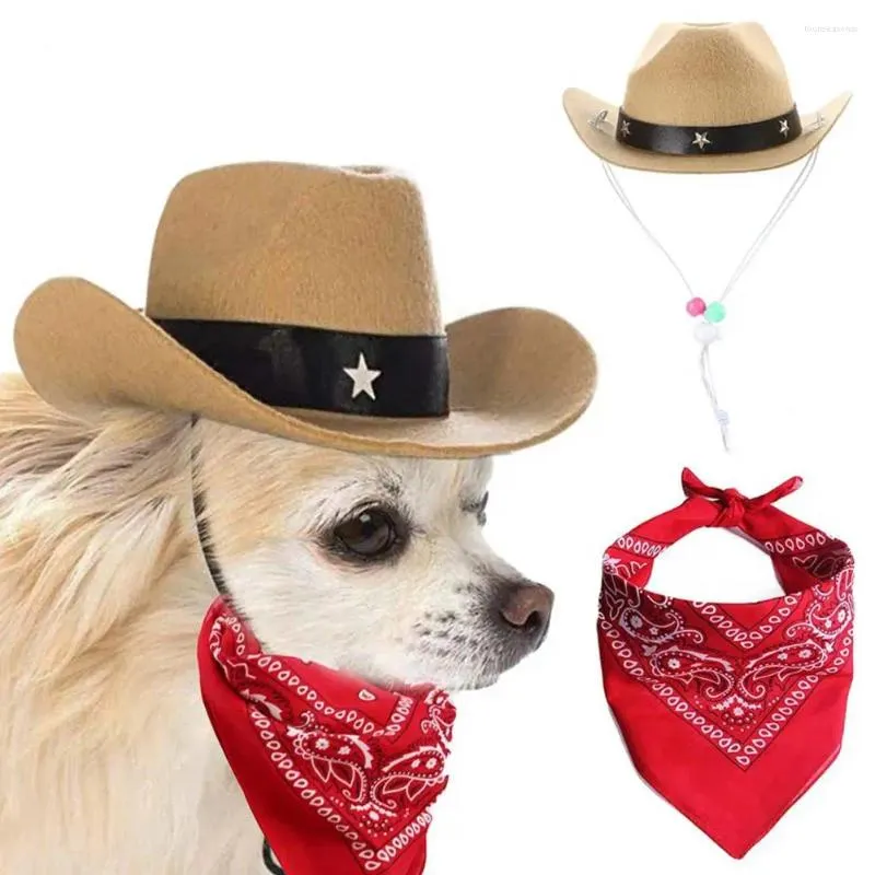 Hundkläder unika mönstrade husdjur bandana cowboy hatt halsduk set snygg västerländsk dräkt för små medelstora hundar roliga