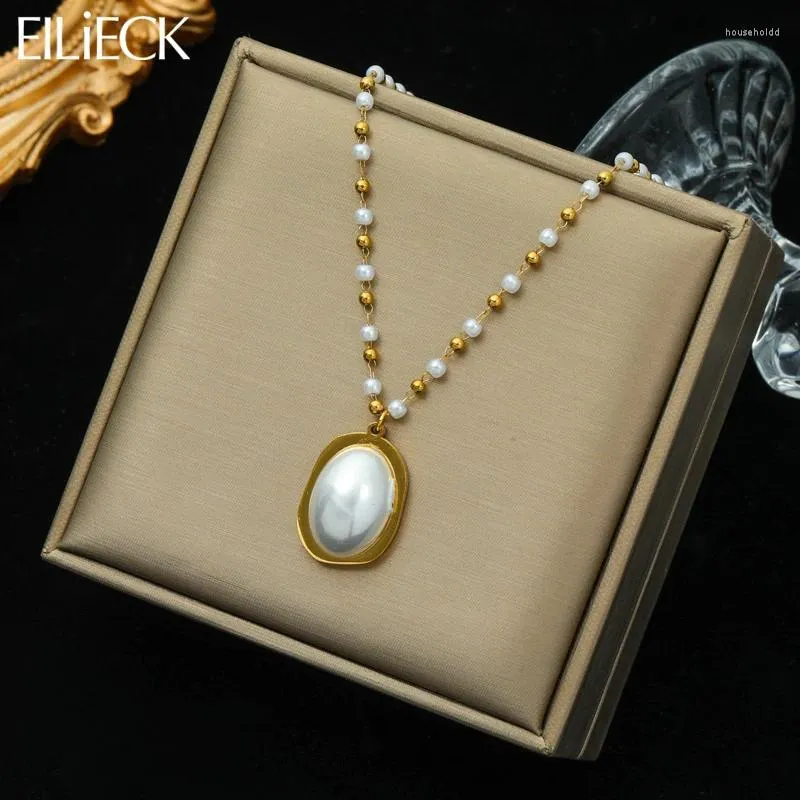 Pendant Necklaces EILIECK 316L Stainless Steel Oval Pearl Necklace For Women Girl Fashion Non-fading Jewelry Gift Wedding Collier Femme