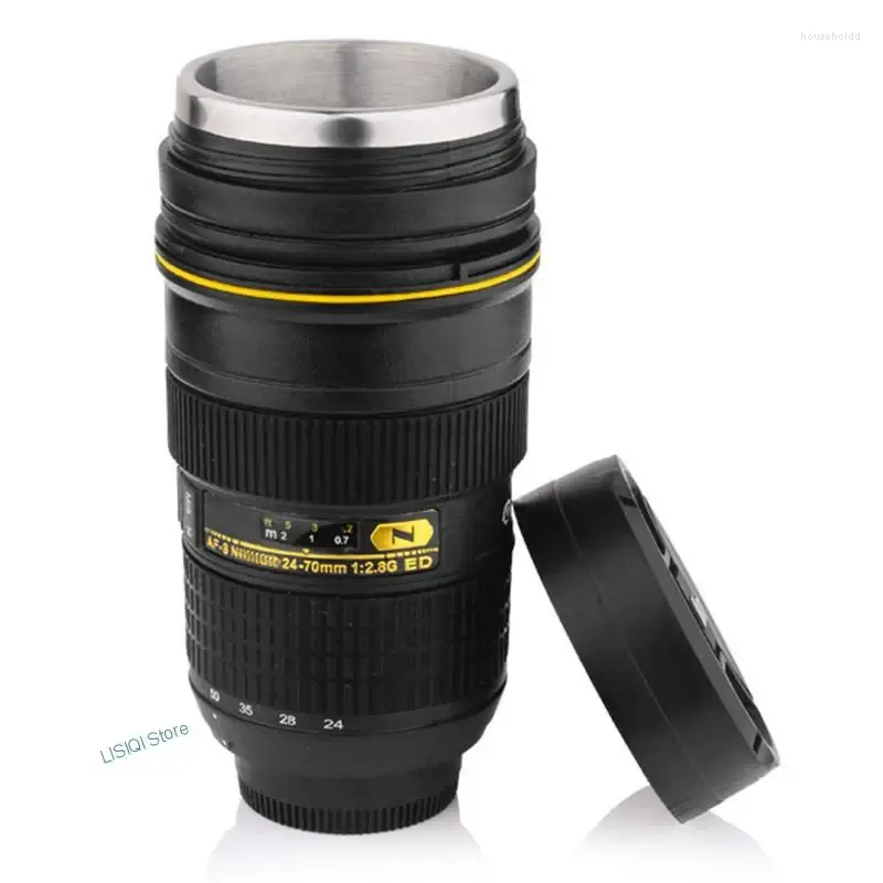 Muggar 300-400 ml Travel Mugg Cups Emulation Camera Lens rostfritt stål Kaffe Tea Vatten Bottle Cup Isolated Tumbler Lid