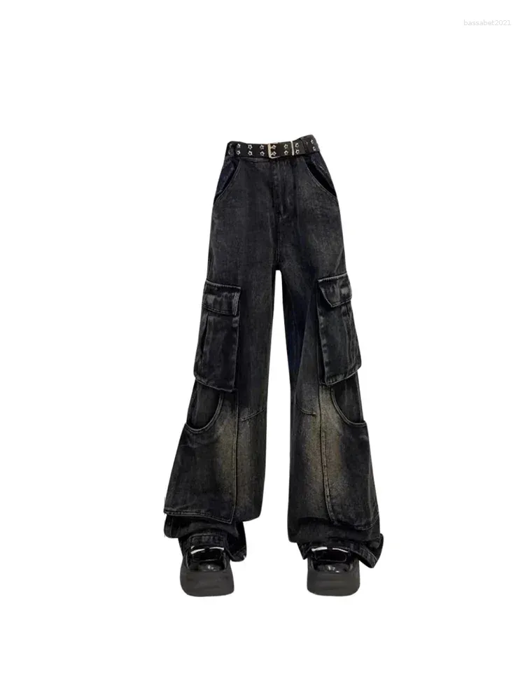 Damen Jeans Schwarz Gothic Cargo Vintage Koreanische 90er Jahre Ästhetische Y2k Denim Hose Harajuku High Waist Cowboy Hose 2000er Jahre Kleidung