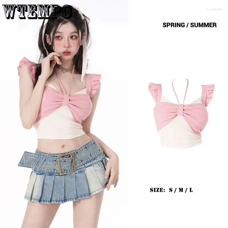 Women's Tanks Pink Patchwork Hanging Neck Strap V-neck Vest Women Short Top Sexy Pure Desire Slim Tie Sweet Korean Fashion E-girl Summer