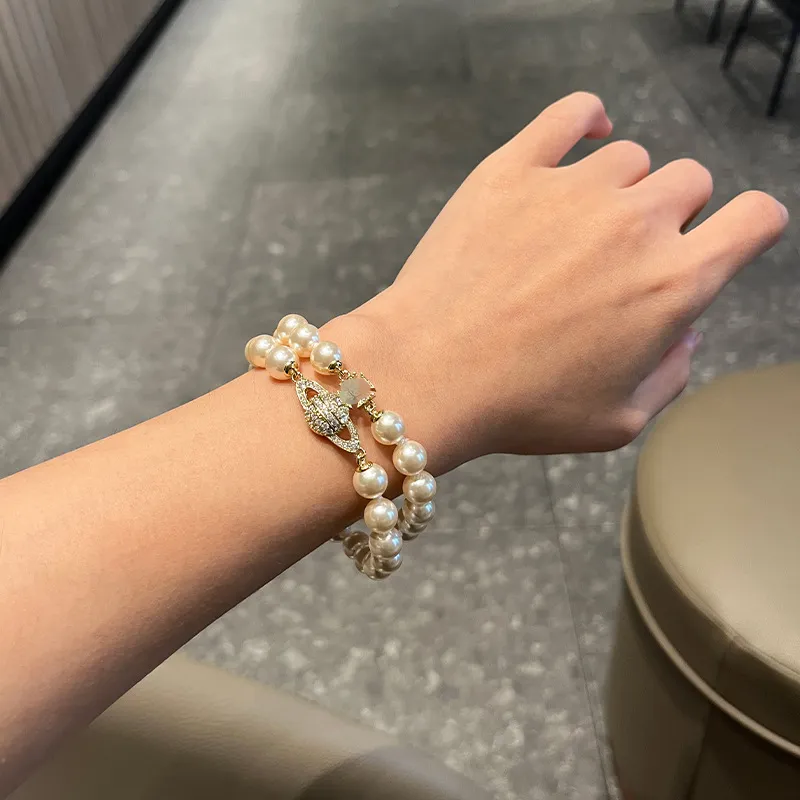 Pearnety Pearls Bracelets podwójna warstwa Bransoletka Saturn pełna diamentów w stylu retro inkrustowana diamentowa biżuteria złota