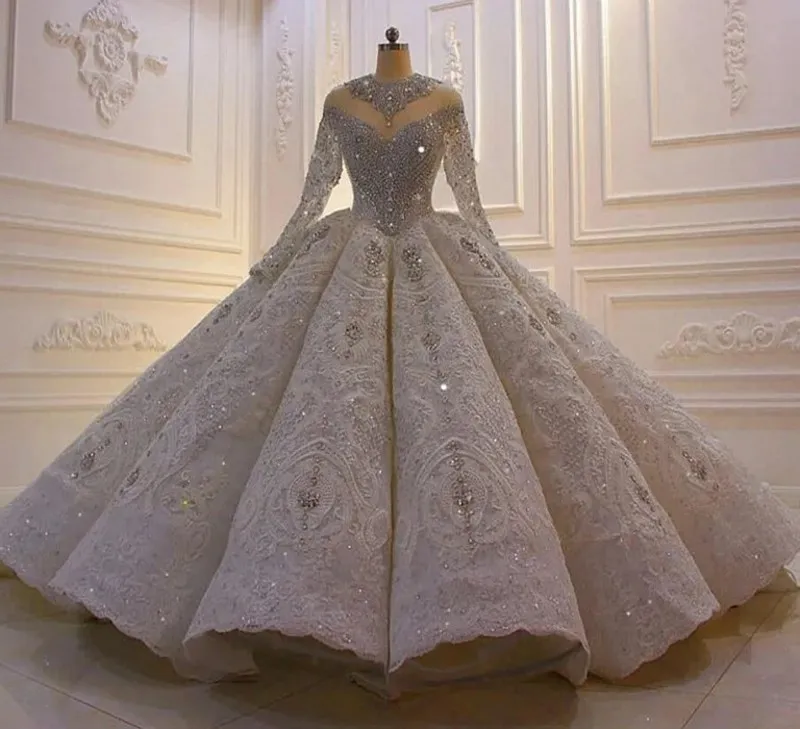 Robe de mariée de luxe en cristal de dubaï, avec des Appliques en dentelle et des perles, sur mesure, manches longues, longueur au sol