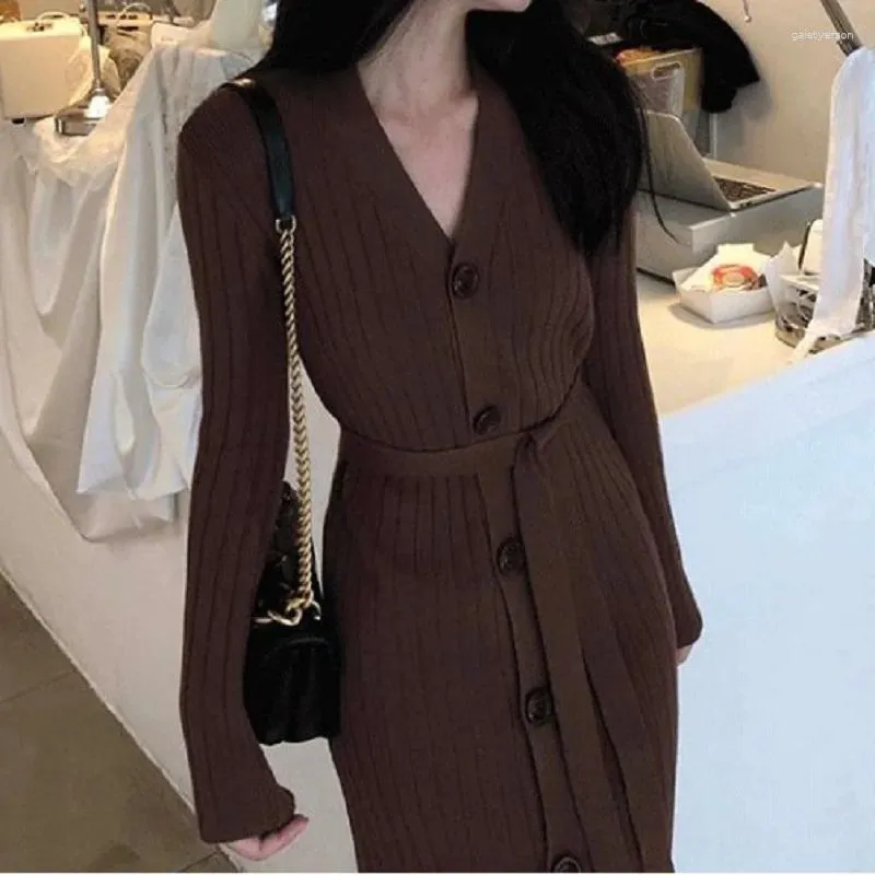 Casual Dresses Korean Knitted Long Sleeved Autumn/Winter Women's Dress V-Neck Single Breasted Lace Up Slimming Maxi Base Sweater