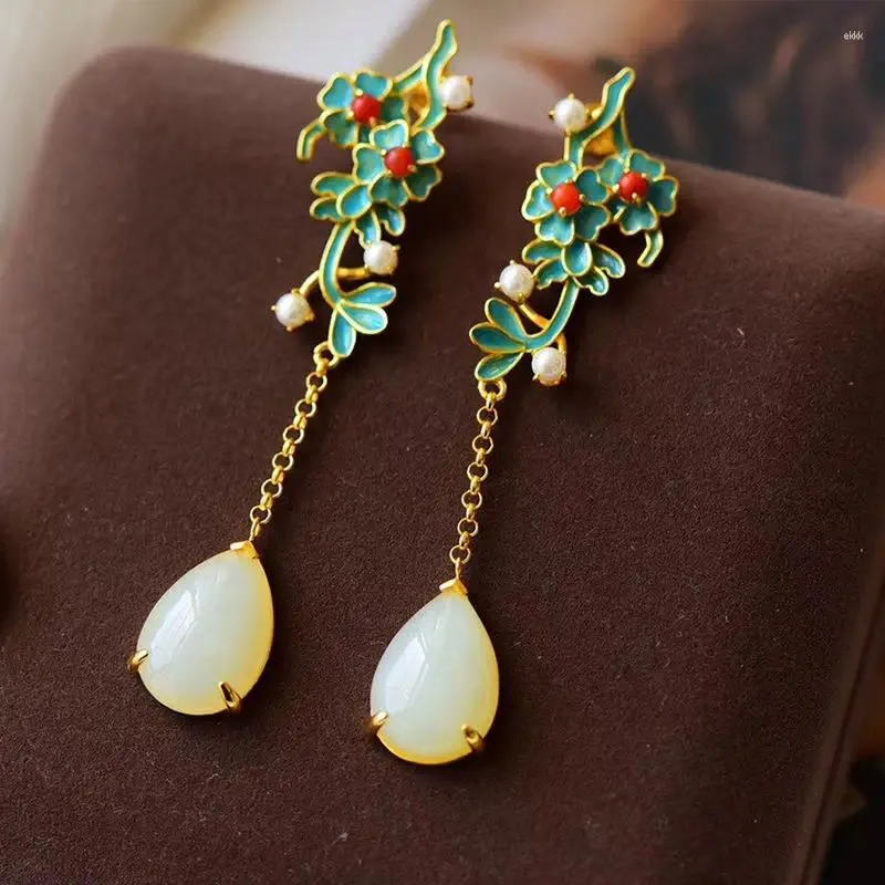 Dangle Earrings Natural Hetian White Jade S925 Sterling Silver Retro National Style Water Drop Flower Stud Simple Exquisite