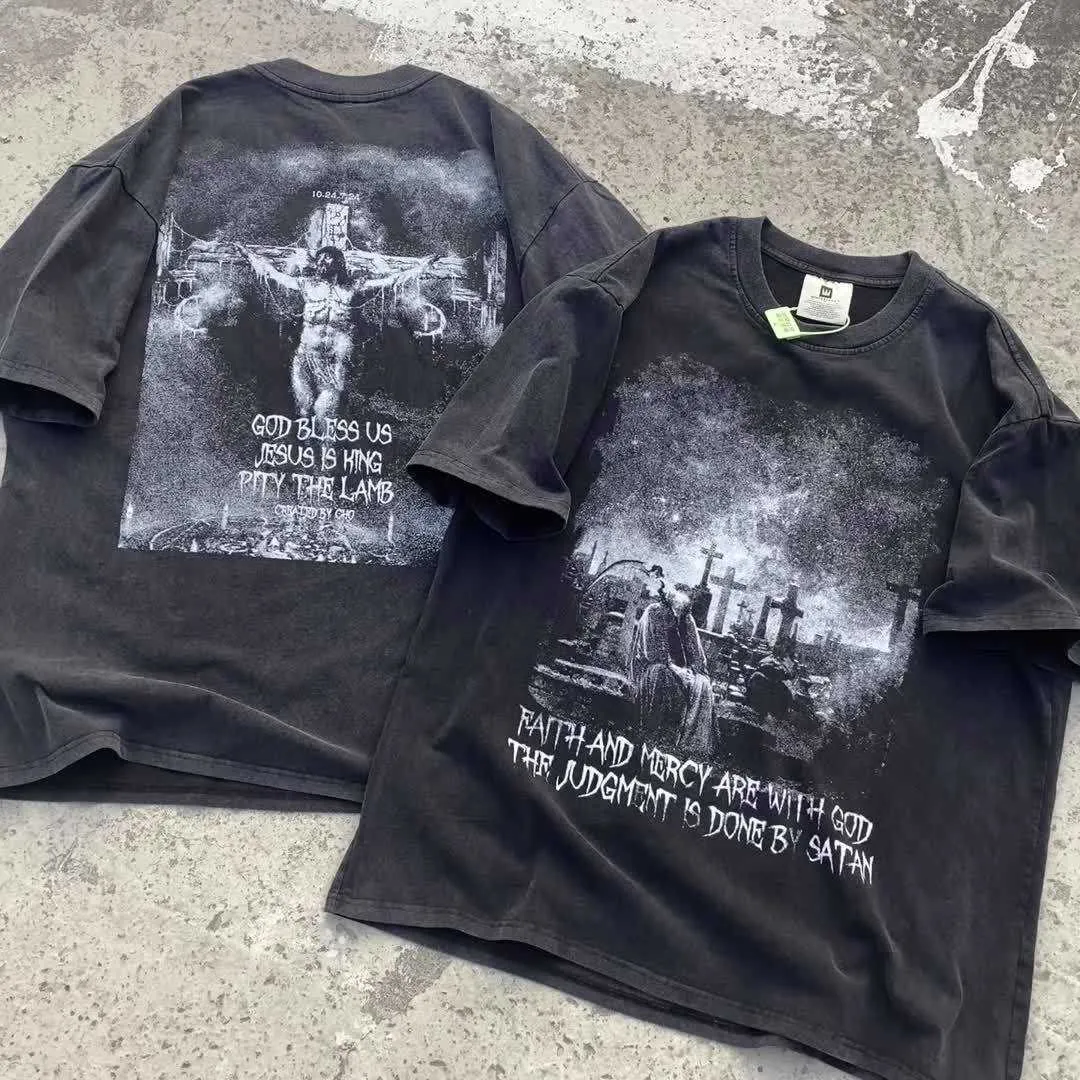 Heren T-shirts SAINT MICHAEL The Silence of Satan Vintage VTG High Street Aged Washed T-shirt met korte mouwen voor heren