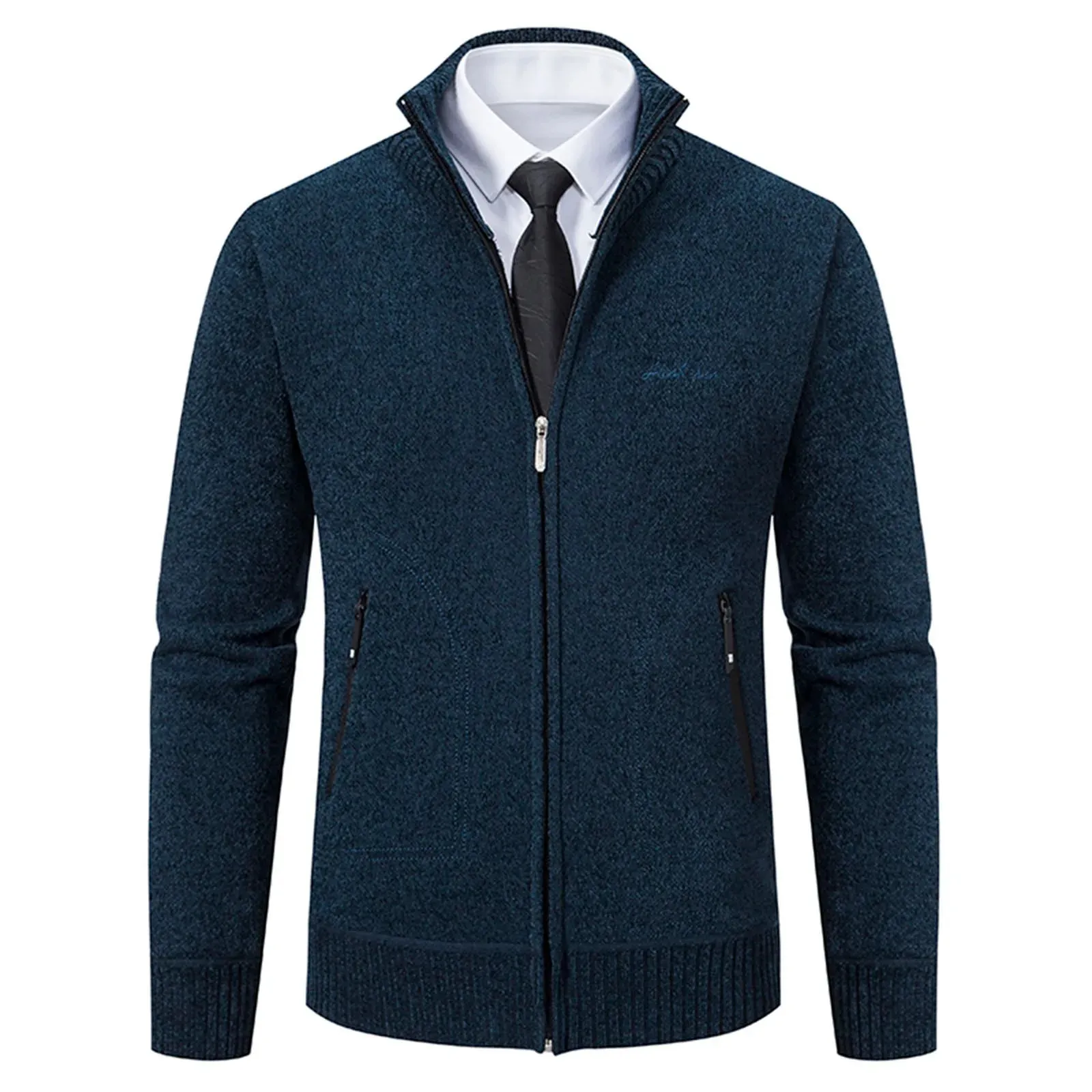 Cardigan Men fleece dragkedja tröja zip upp stickad stativ krage vinter höst koreansk stil mode herrkläder 240130