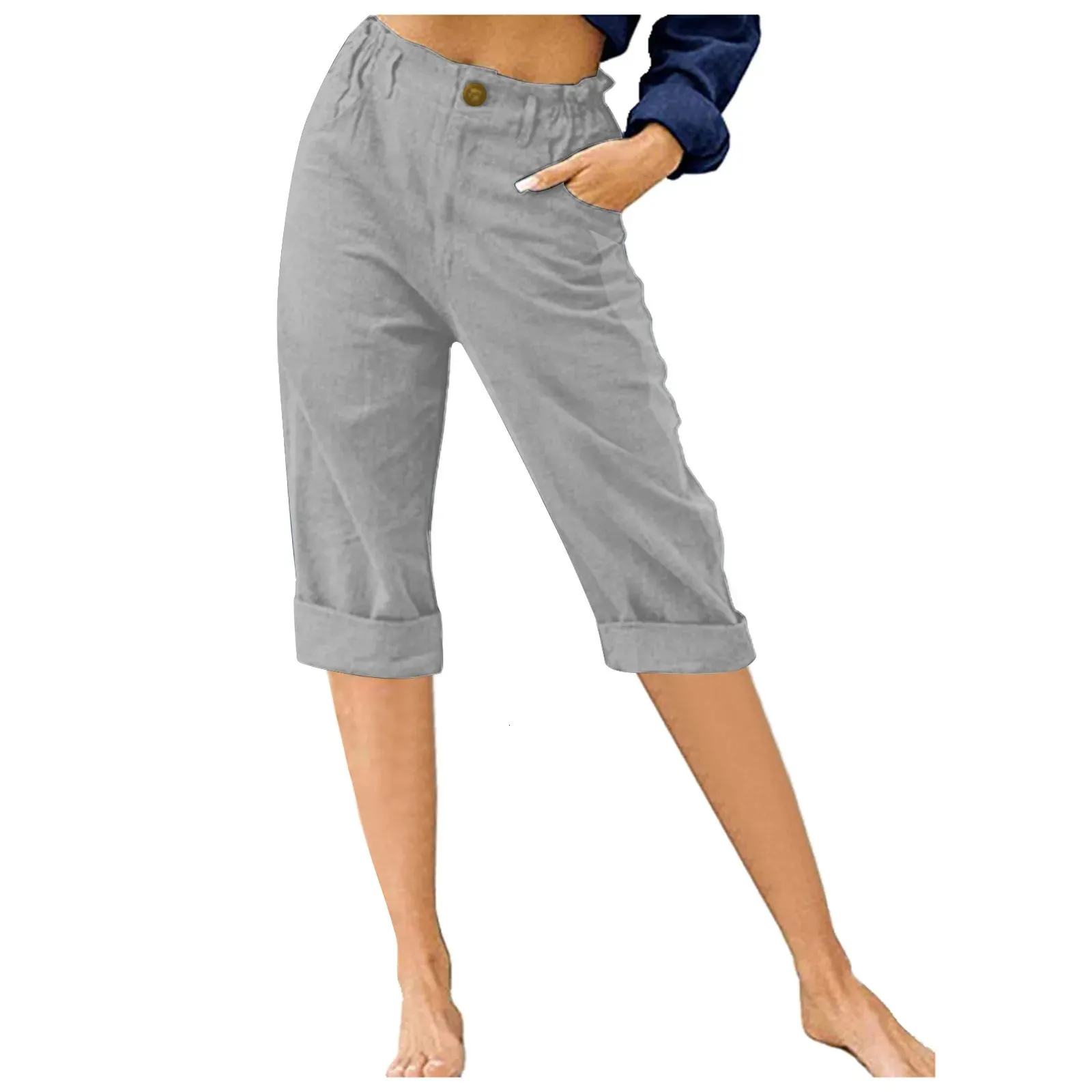 Pantalon décontracté été 2023 taille haute ample pantalon droit femme solide confortable mollet longueur pantalon 240202