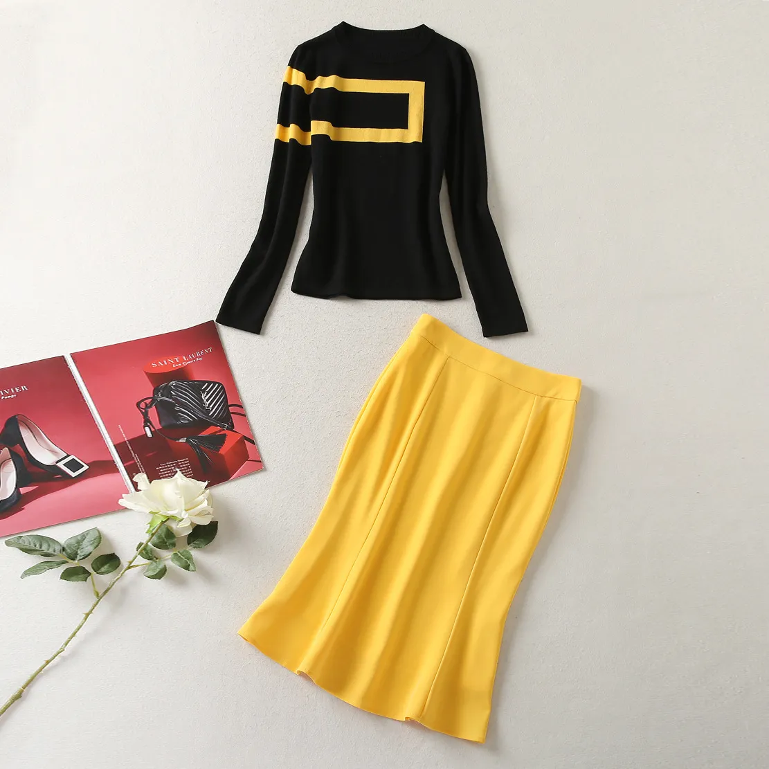 10008 XXL 2024 Style Women's Two Piece Spring Long Sleeve Short Skirt Black Yellow Empire Crew Neck SH