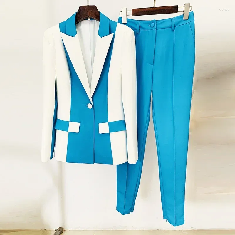 Pantalon de deux pièces pour femmes 2024 2 blazer ensemble pour femmes star mode cyan blanc patchwork un bouton veste crayon pantalon formel femme pantalon