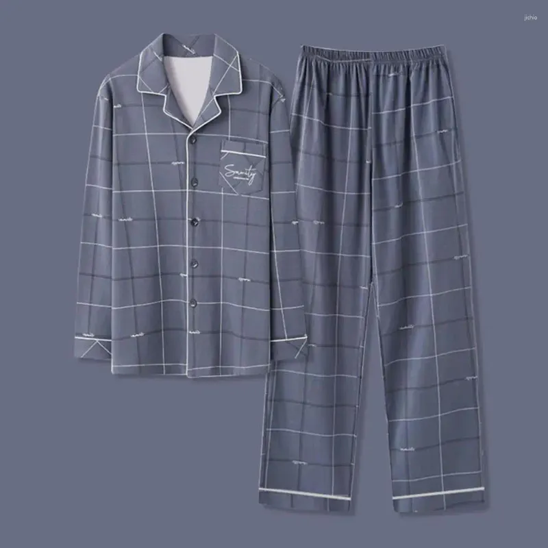 Nachtkleding voor heren Comfortabele herenpyjama Set Geruite pyjama met lange mouwen Elastische taille Broek Casual loungewear Voor de lente