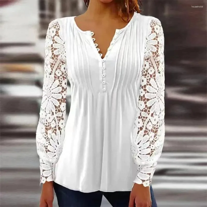 Kvinnors blusar Lace Tops Casual V Neck Lång ärm Solid Flower Print Womens and Elegant 2024 Spring Shirt for Women