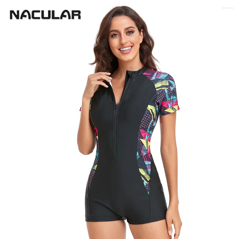 Maillots de bain pour femmes One Piece Femmes Maillot De Bain À Manches Courtes Plongée Imprimé Plus Taille Maillot De Bain Push Up Femelle Zipper Surf Protection UV