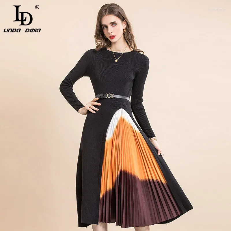 Casual Dresses Ld Linda Della 2024 Autumn Fashion Runway Vintage Elastic Sticked Dress Women Långärmad lapptäcke PLECTED BELTED MIDI