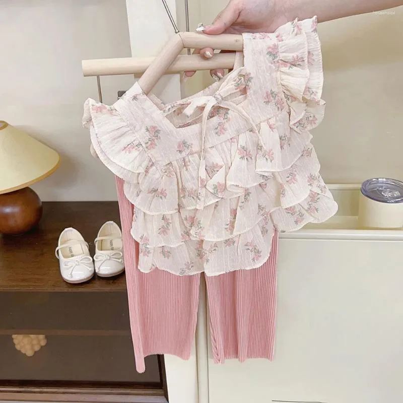 Clothing Sets Summer Cute Girls Floral Chiffon T-shirts Clothes Fashion Square Collar Kids Girl Ruffles Shirts Tops Loose Pants 2Pcs Suit