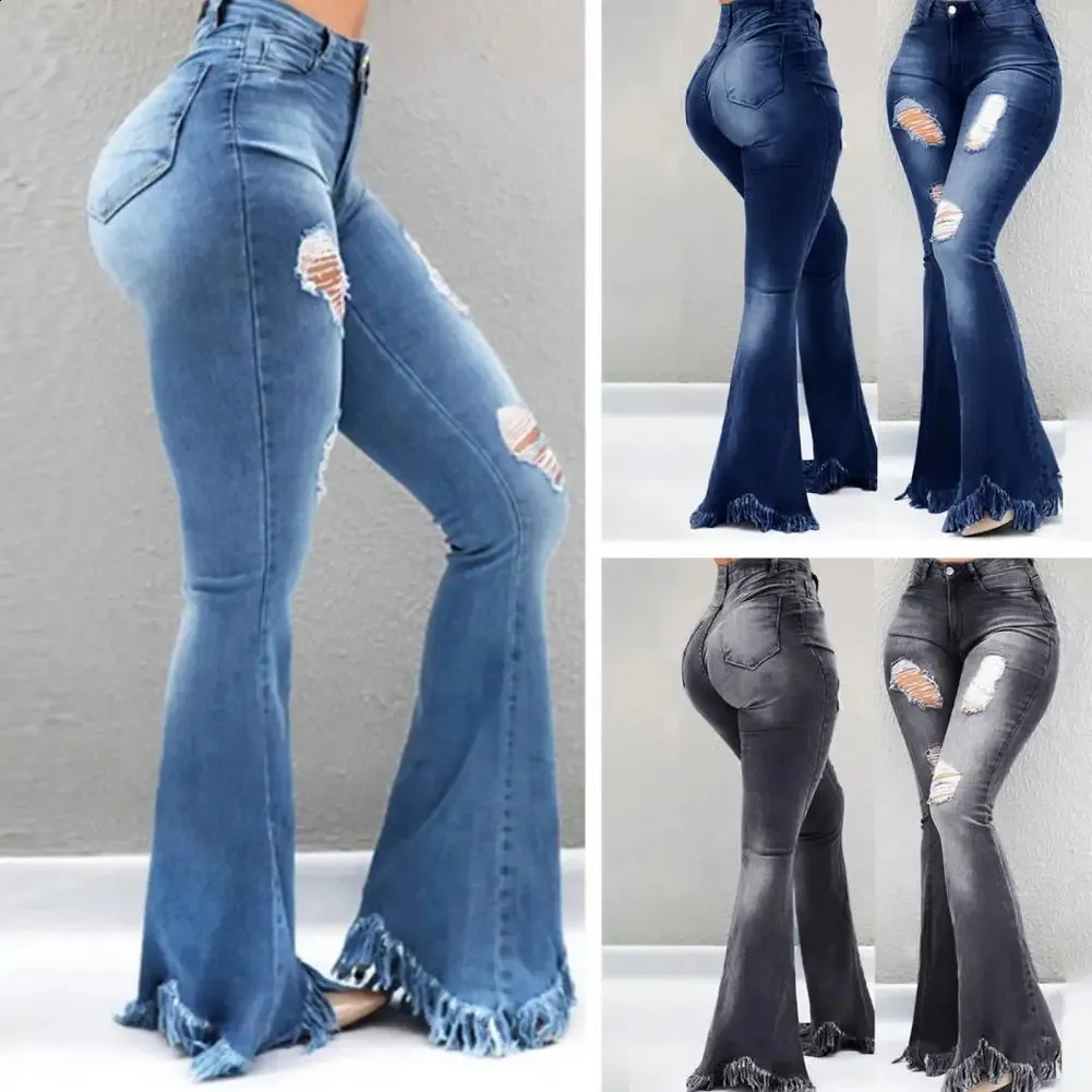 Volledige lengte denim dames uitlopende broek hoge taille zakken gescheurde gaten bell bottom broek kwast manchetten denim broek dames jeans 240119