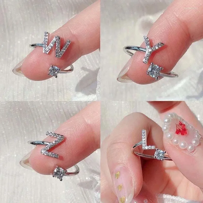 Cluster Rings Personality 26 Letters Ring Initial Shining Rhinestone Opening Cuff Silver Color For Women Charm Jewelry Gift