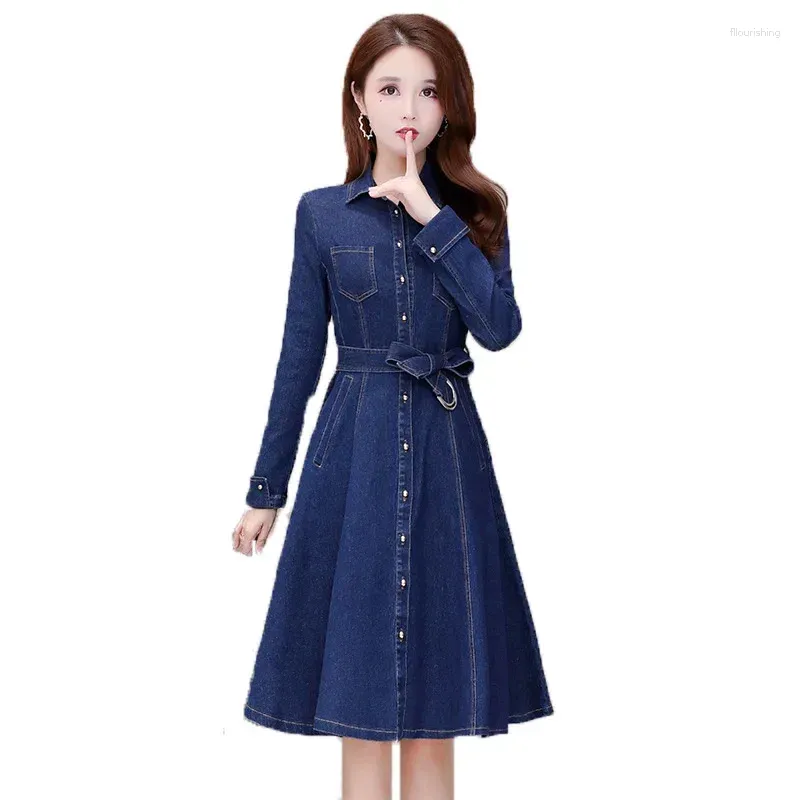 Casual Dresses Spring Autumn Women Denim Dress Elegant Fashion Turn-Down Collar Long Sleeve Jean Female Slim A-Line Kne Length