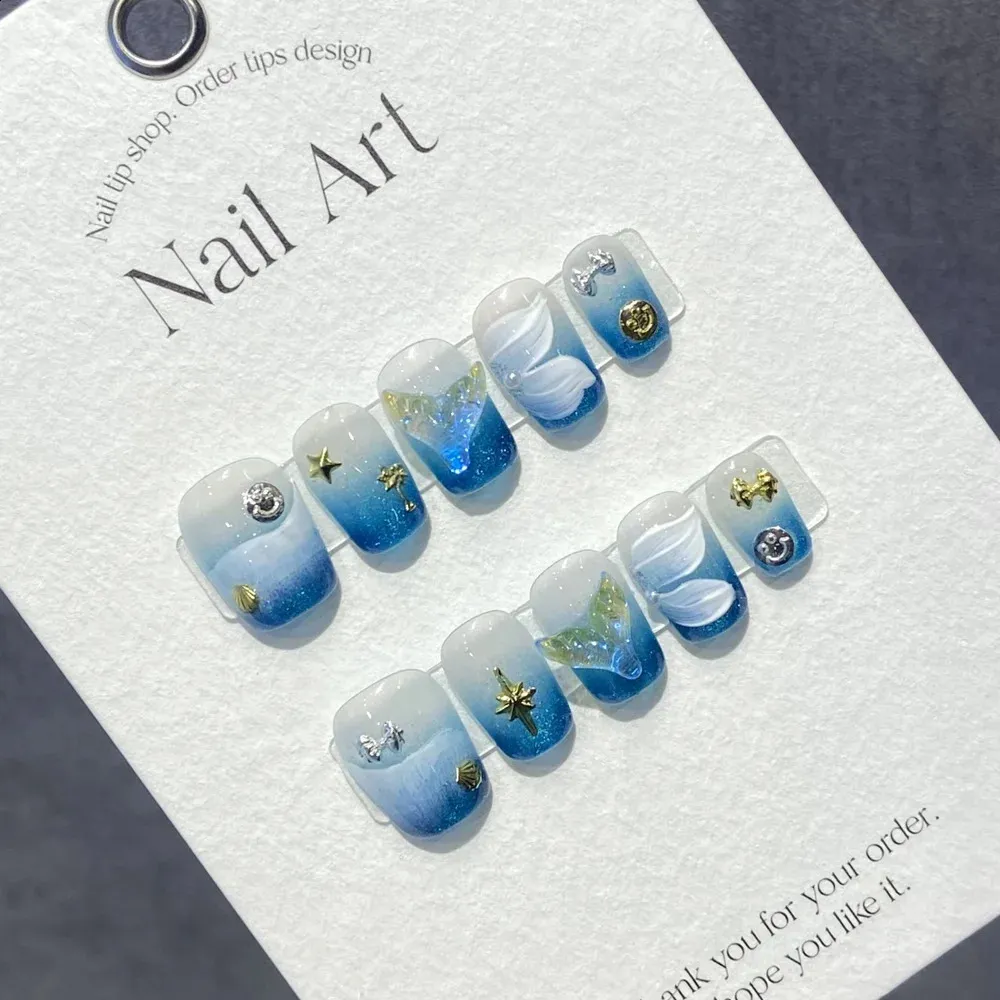 Azul artesanal coreano curto imprensa em unhas cobertura completa unhas profissionais oceano redondo acrílico reutilizável adesivo unhas falsas dicas 240129