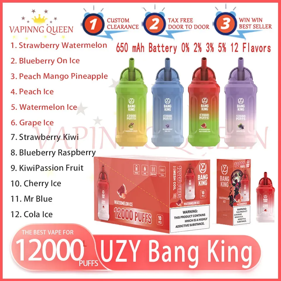 Original UZY Bang King 12000 Puff jetables E cigarettes 0.8ohm maille bobine 23 ml Pod batterie rechargeable électronique Cigs Puff 12K 0% 2% 3% 5% Kit de stylo Vape