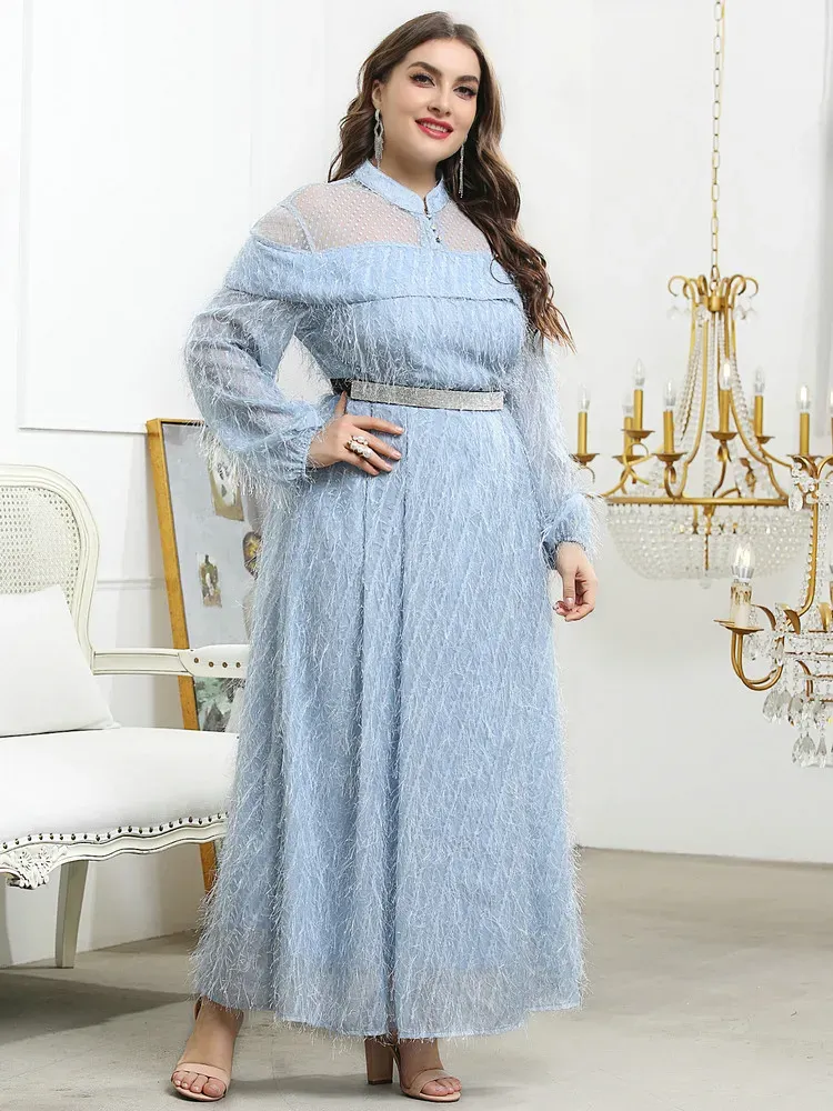 ドレストリーン女性の大型プラスサイズのマキシドレスエレガントパーティーイブニング2022デザイナーブルーロングスリーブイスラム教徒のフェスティバル服