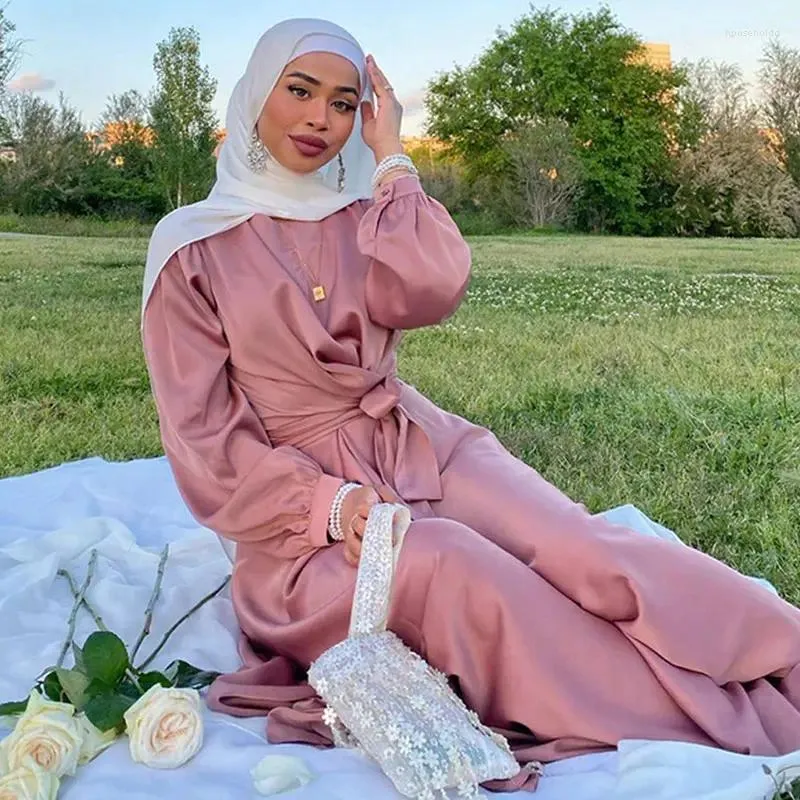 Этническая одежда, простая абайя для женщин, атласное исламское длинное платье с запахом на талии, мусульманский хиджаб, халат Дубай, турецкий скромный абая, вечерние кафтан, летний