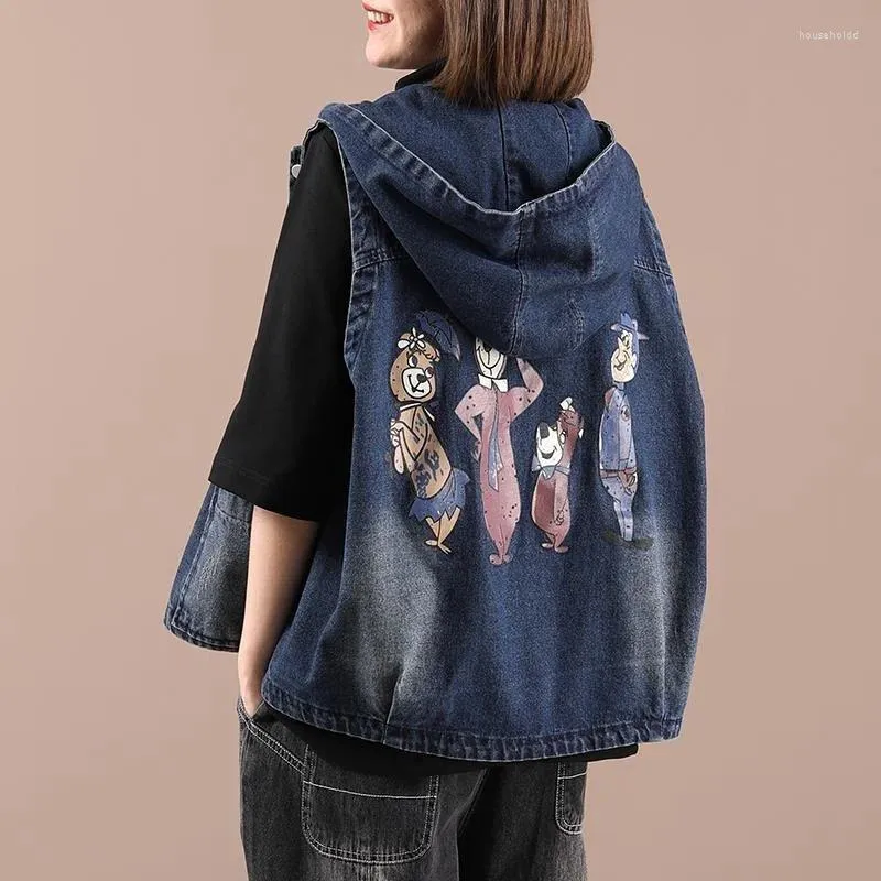 Kvinnors västar Spring Autumn Vest Korean Loose Casual Print Hooded Waistcoat Pocket Sleeveless Denim Jacket Kvinna