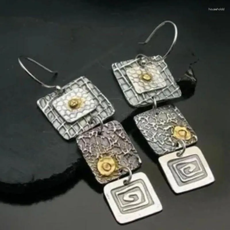 Dangle Earrings Tribal Geometric Carved Square Metal Punk Gypsy Jewelry Handmade Drop For Women
