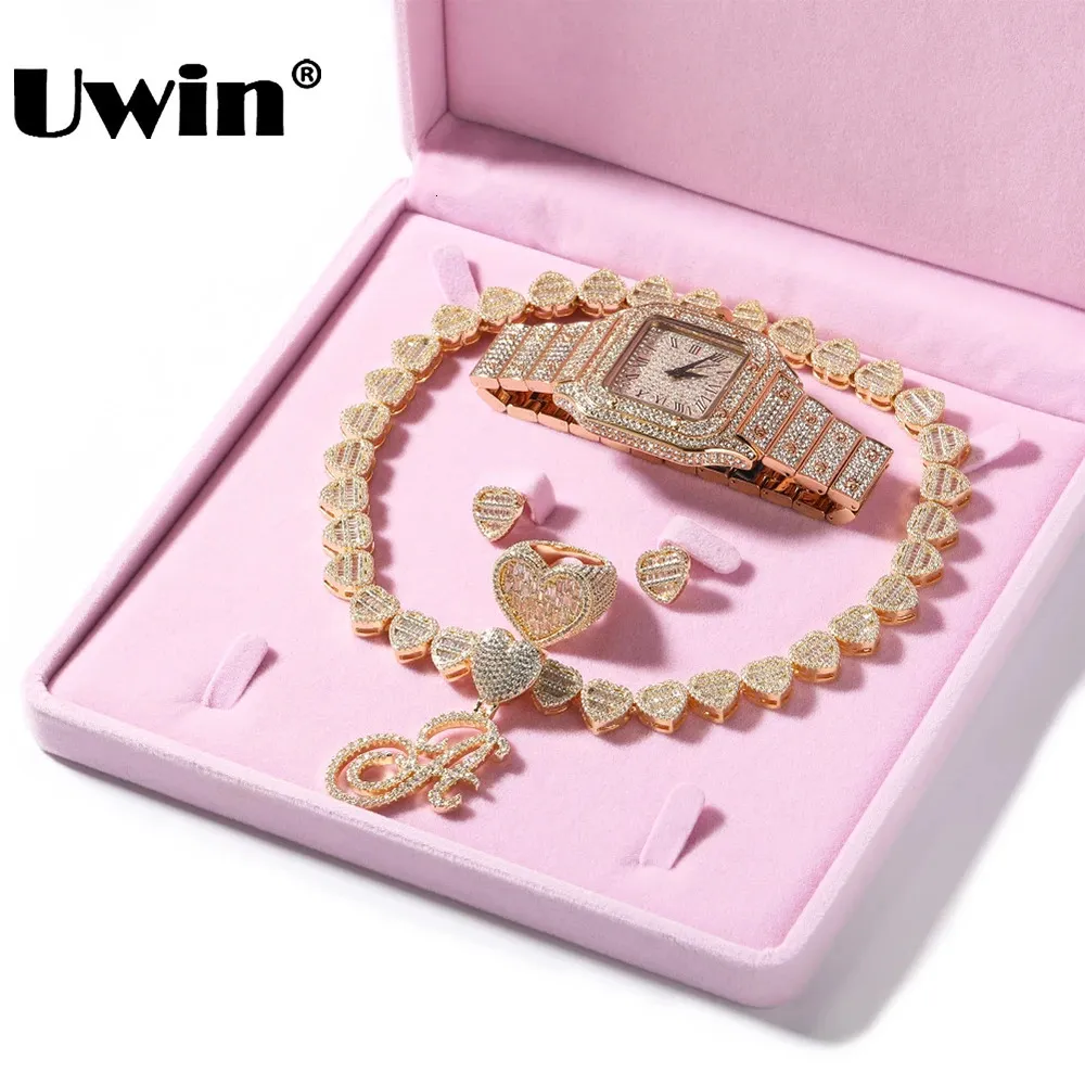 UWIN Iced Out Halskette/Ohrringe/Ring/Armband/Uhr Schmuckset Für Frauen Bling Kubikzircon Herzform Modeschmuck 240118