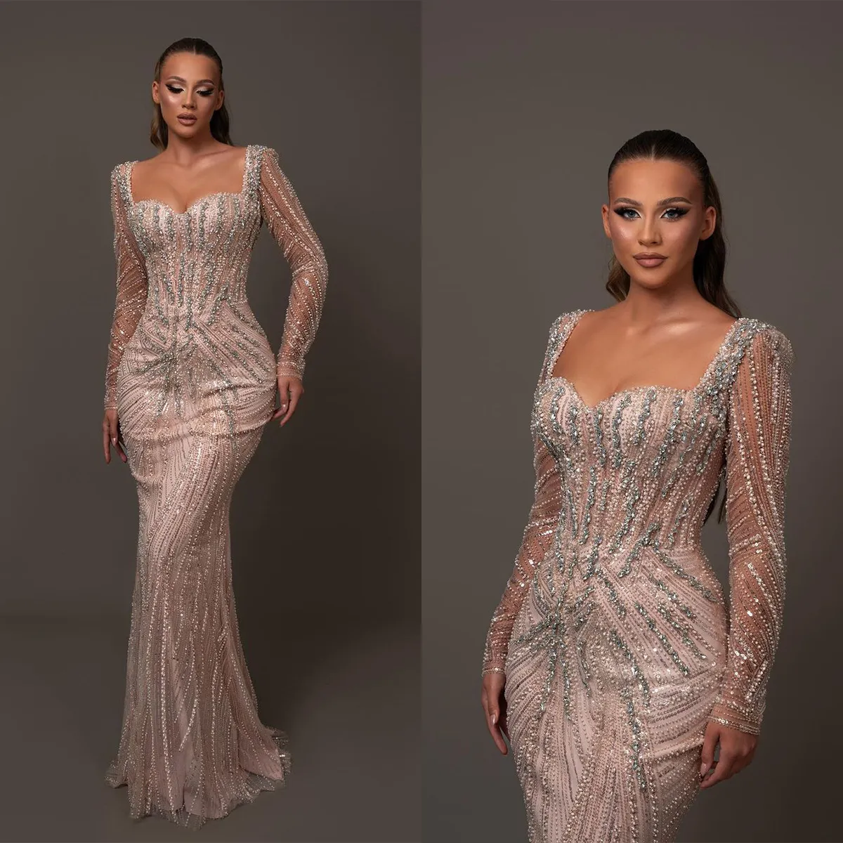 Vestidos de noche románticos de sirena con cuentas de cristal, vestido Formal de manga larga con lentejuelas para fiesta de pera y fiesta especial