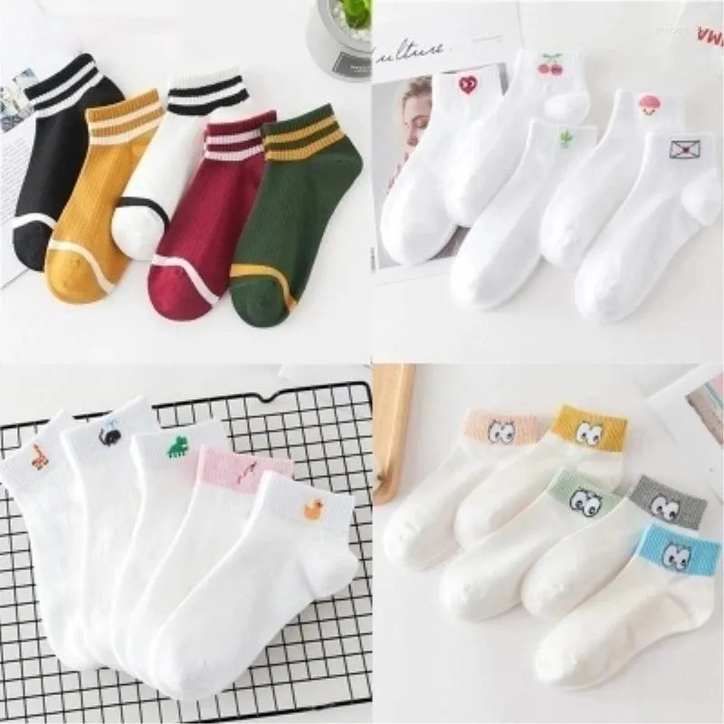 Frauen Socken 5 Paare/los Baumwolle Boot Weibliche Frucht Liebe Lächeln Gesicht Ente Auge Reine Farbe Sommer Baseball Mädchen Gelb