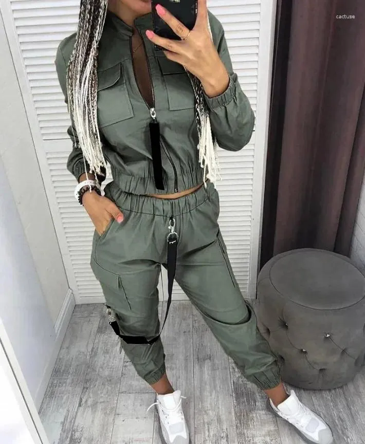 Women's Two Piece Pants Set Women Outfit 2024 Spring Fashion Pockets Zipper Design Ruched Stand Long Sleeve Coat & Casual Cargo