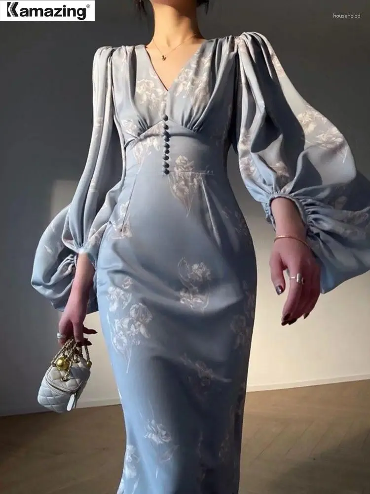 Robes décontractées Femmes Été Impression Élégante Sirène À Manches Longues Col En V Mince Robe Midi 2024 Fmeale Vêtements