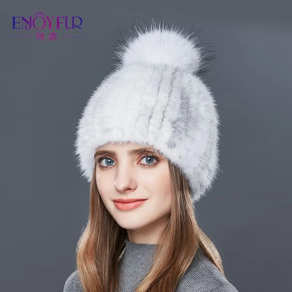 ENJOYFUR, gorro con pelo para mujer, gorro de piel de visón auténtica con pompón de piel, gorros de visón tejidos para invierno, gorros gruesos y cálidos de alta calidad para mujer Beani2561